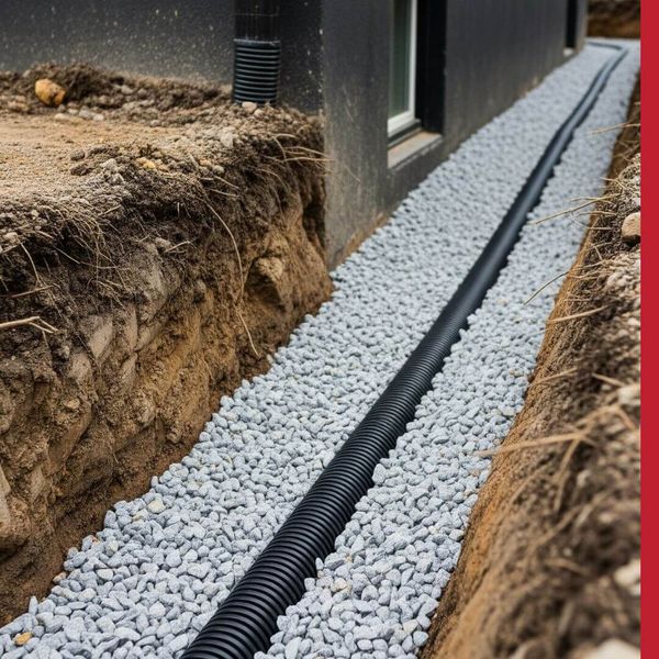 A newly installed French drain system with a pipe and gravel along a house foundation. A newly installed French drain system with a pipe and gravel along a house foundation.