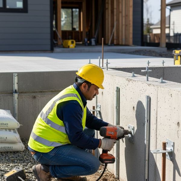 A structural repair specialist performing reinforcement work on a residential property. A structural repair specialist performing reinforcement work on a residential property.