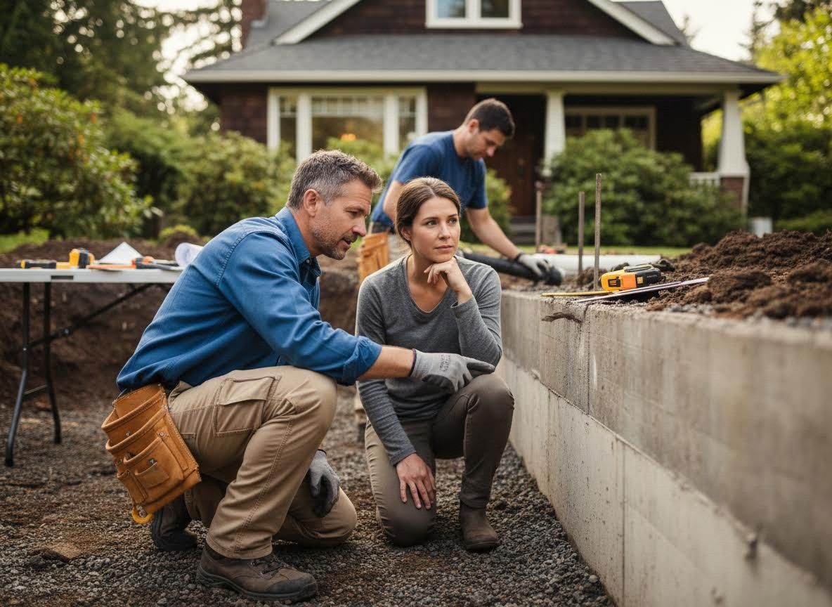 Contractor and client review home foundation
