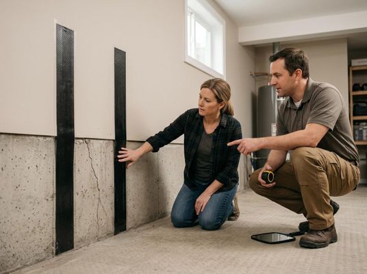 Couple inspecting basement foundation repair