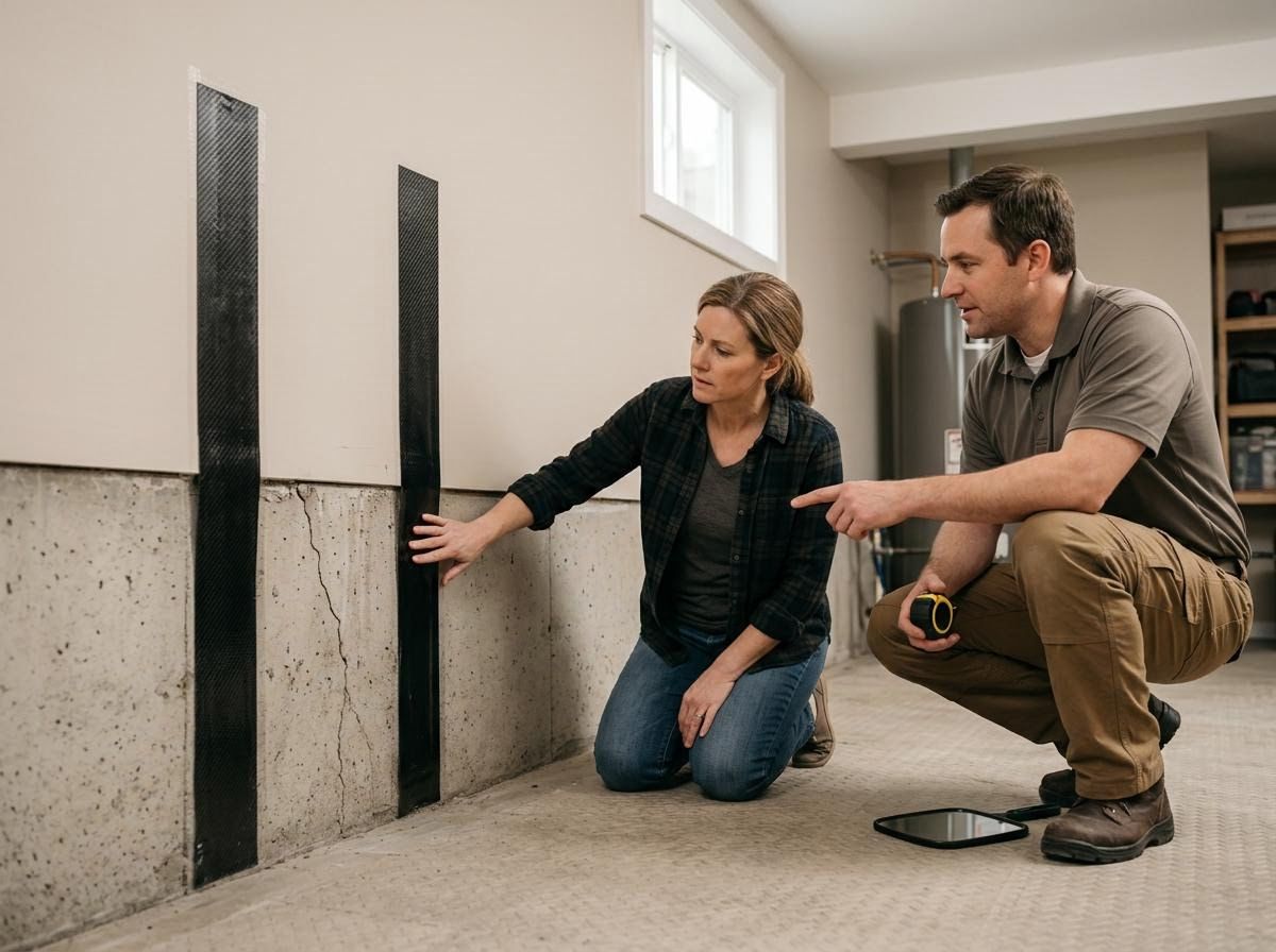 Couple inspecting basement foundation repair
