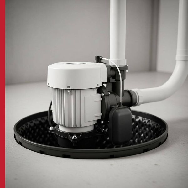 A close-up of a modern sump pump installed in a basement sump pit. A close-up of a modern sump pump installed in a basement sump pit.
