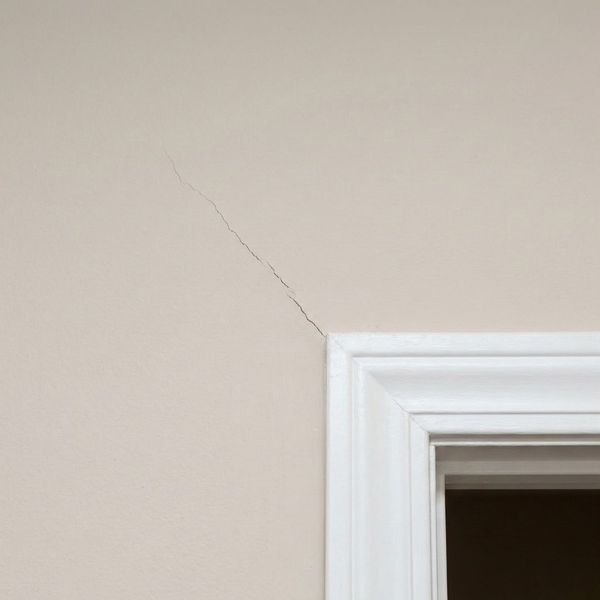 Hairline diagonal crack in drywall above a door frame indicating structural stress.