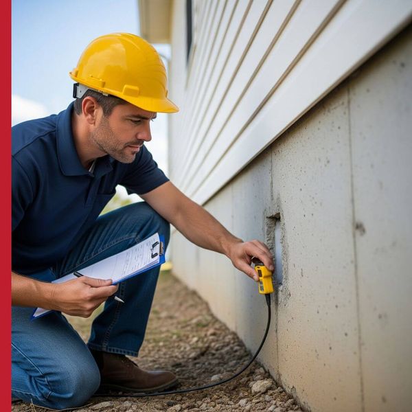 a foundation inspector examining a house's foundation. a foundation inspector examining a house's foundation.
