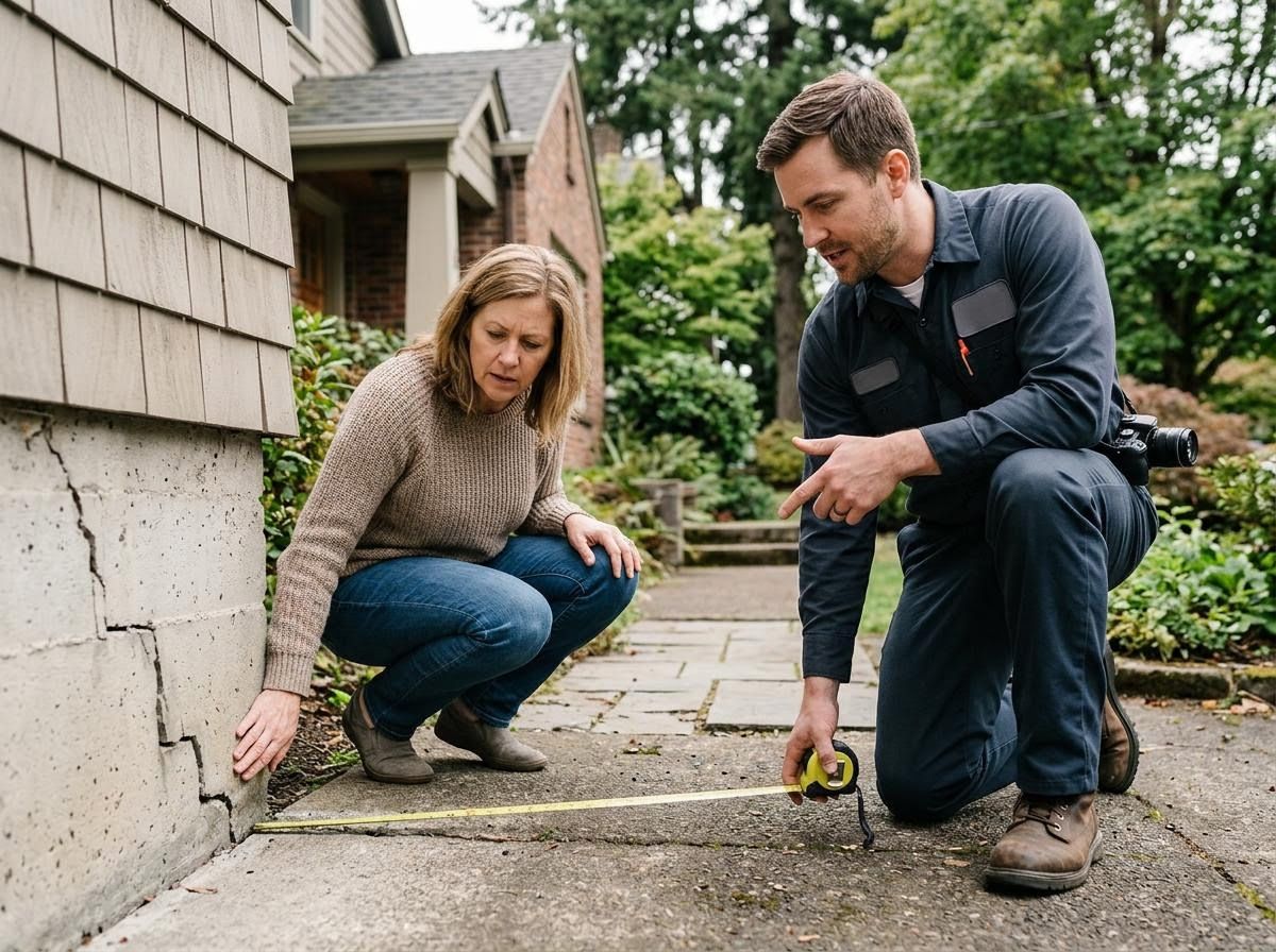 Home Inspector Measures Foundation Crack with Homeowner