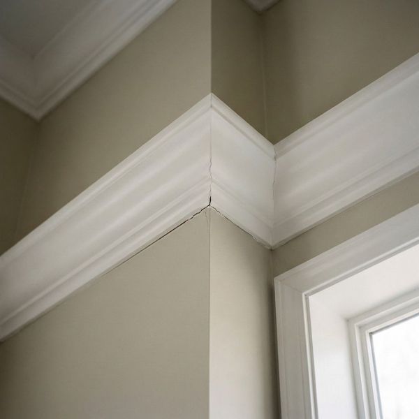 Detailed view of a gap forming between crown molding and a wall, a sign of foundation settling.