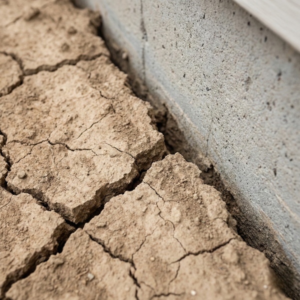 Close-up of dry, cracked soil separating from a concrete home foundation during summer.