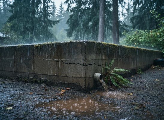 Rainy day scene with concrete wall and draining water