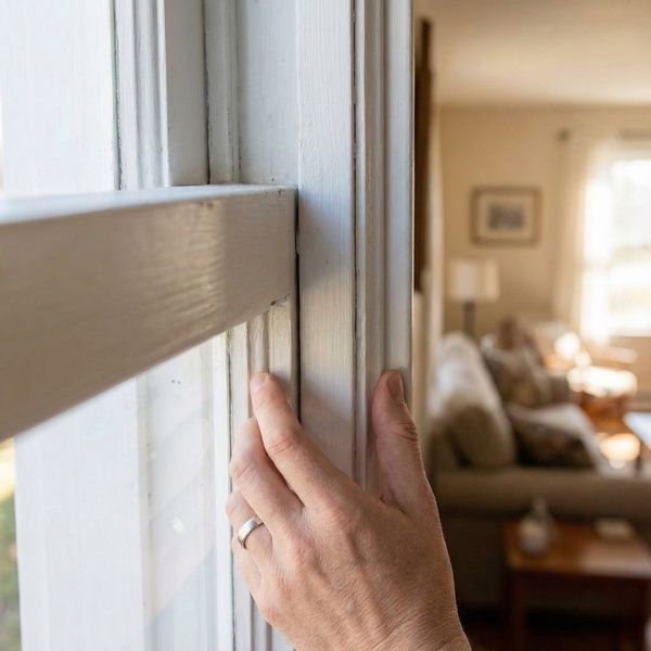 Close-up of a hand struggling to open a sticking wooden window due to structural shifting.