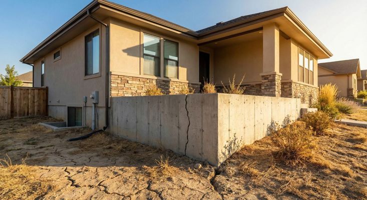 A residential house foundation showing a structural crack due to dry summer soil shrinkage.