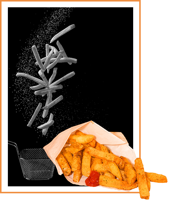 Image of fries being tossed from a basket