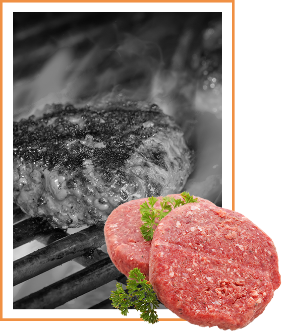 An image of raw burger patties with one on the grill in the background