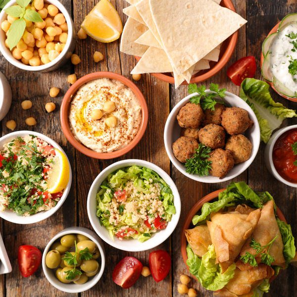 Middle Eastern cuisine with hummus, falafel, and fresh ingredients