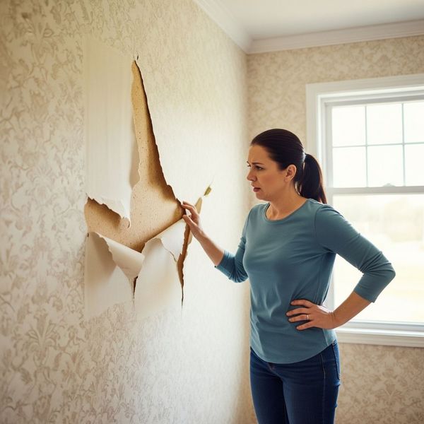 Person examining complex, damaged wallpaper, contemplating professional help Person examining complex, damaged wallpaper, contemplating professional help