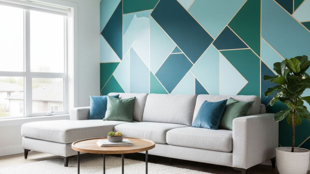 A wide shot of a contemporary living room featuring blue and green geometric wallpaper and natural light. A wide shot of a contemporary living room featuring blue and green geometric wallpaper and natural light.