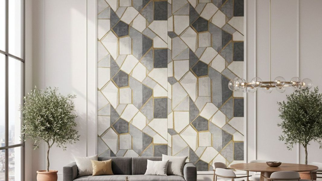 Elegant modern living space featuring contemporary geometric wallpaper installed perfectly by professionals.