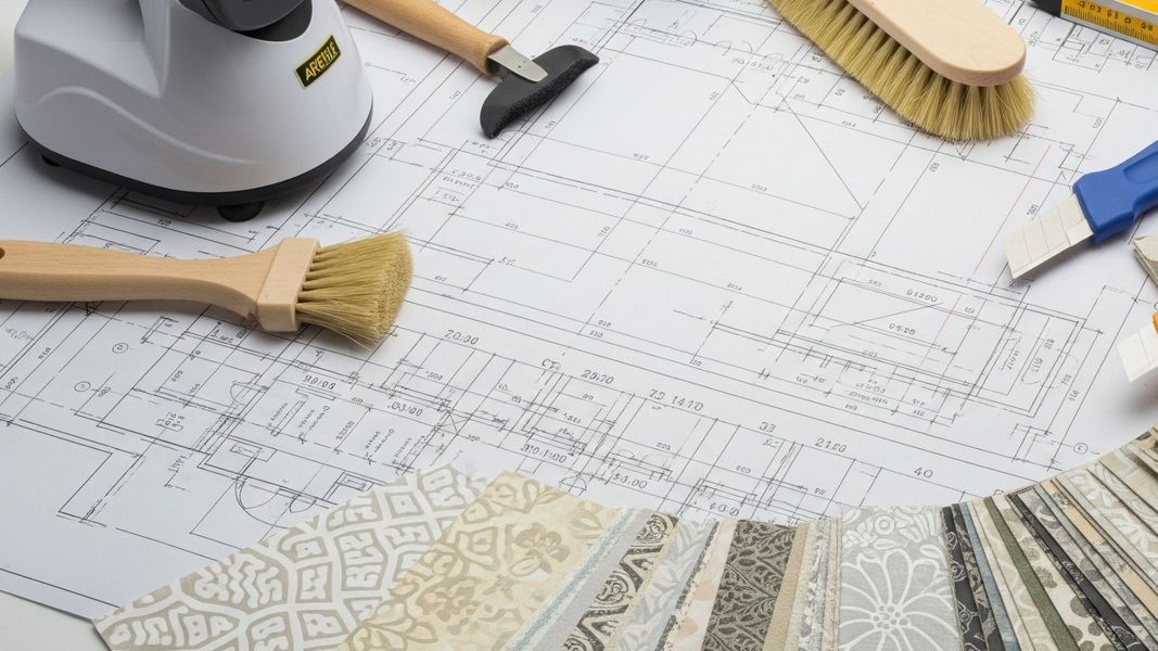Tools for professional wallpaper installation and design samples
