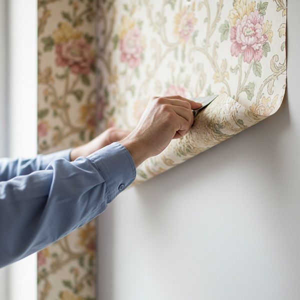 A professional carefully removing a strip of old, patterned wallpaper from a wall. The Functional Benefits of Wallpaper Removal BB Image 1.jpg