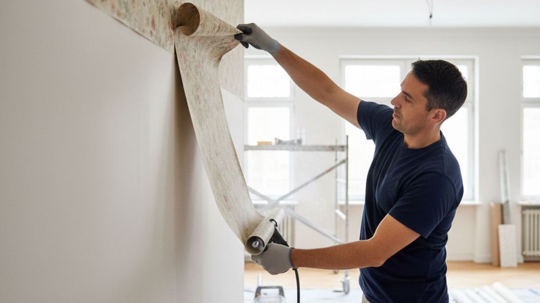 Expert technician carefully using a steamer to peel a large section of old wallpaper off a smooth wall. Expert technician carefully using a steamer to peel a large section of old wallpaper off a smooth wall.