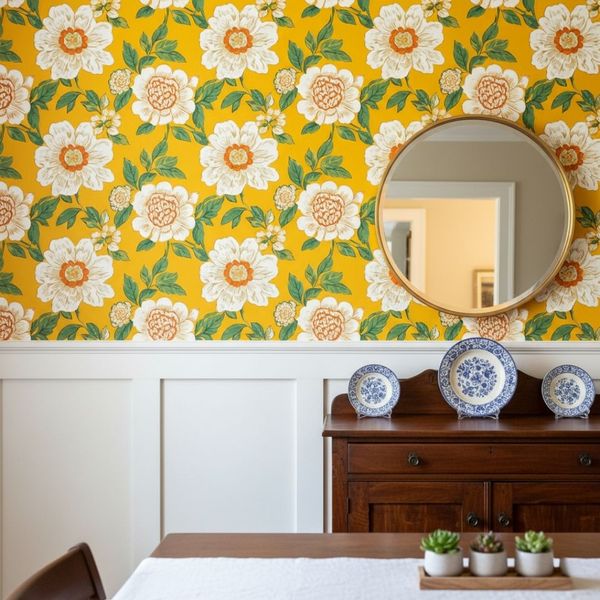 A square image showing a section of a dining room wall covered in vibrant yellow floral wallpaper.