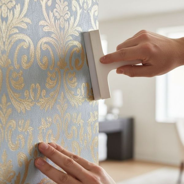 Professional installer carefully applying and smoothing modern wallpaper onto a clean wall surface.