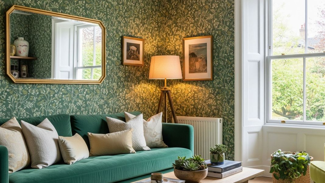 green wallpaper in living room