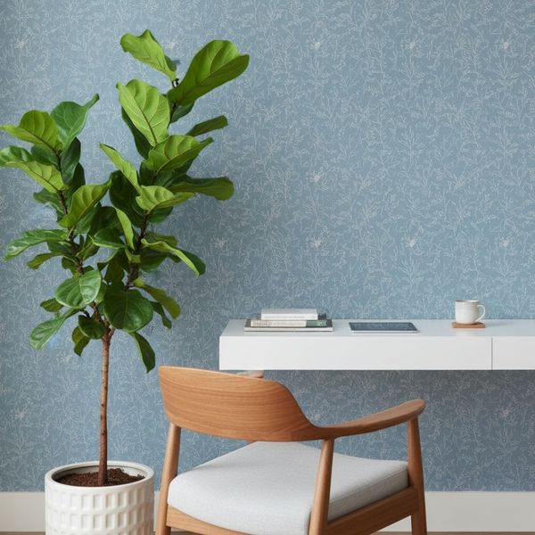A close-up, square view of a calm home office wall featuring a subtle blue patterned wallpaper.