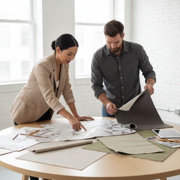 Two professional designers discussing large samples of textured wallpaper in a well-lit studio environment.