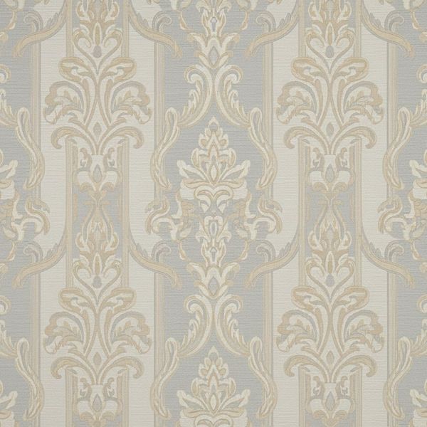 Close-up detail of a subtle, timeless damask pattern wallpaper in a neutral color.