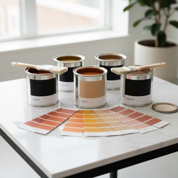 Collection of warm-toned interior paint swatches and cans for a welcoming home atmosphere.