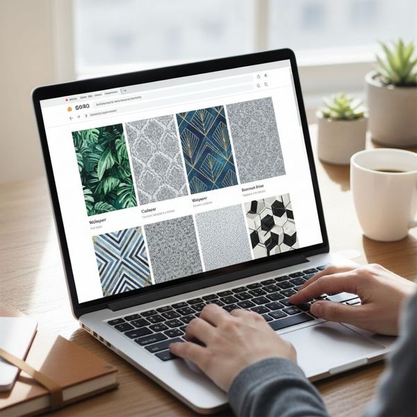 Close-up of a homeowner browsing various wallpaper designs and patterns online on a laptop.