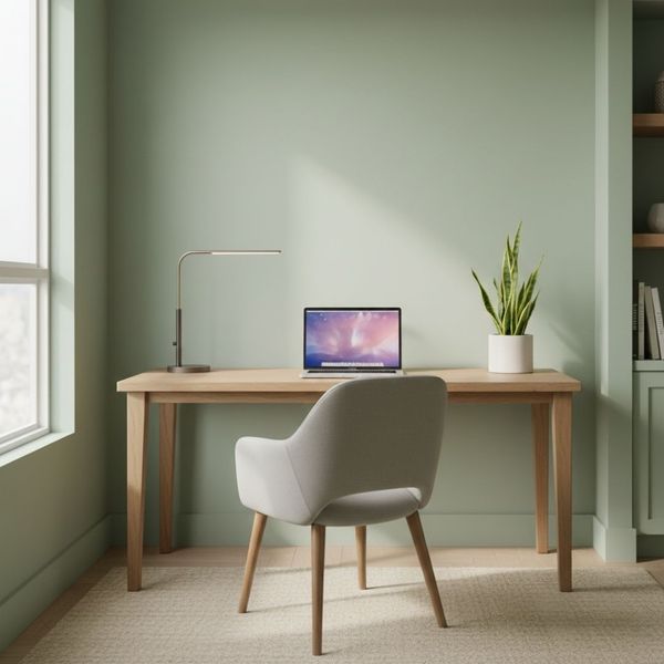 Modern home office with calming green walls designed for focus and productivity.