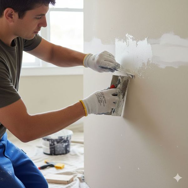 Worker expertly repairing drywall on a wall