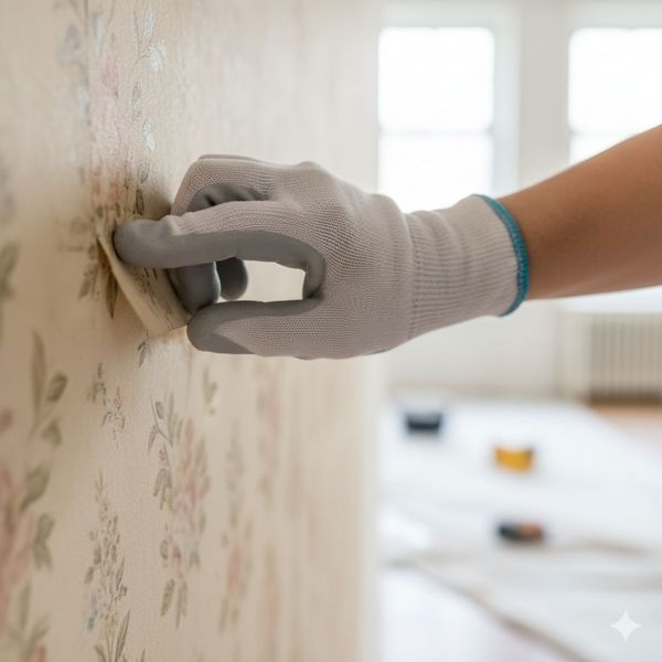 Close-up of a professional’s hand gently assessing the edges of old wallpaper on a wall before removal.
