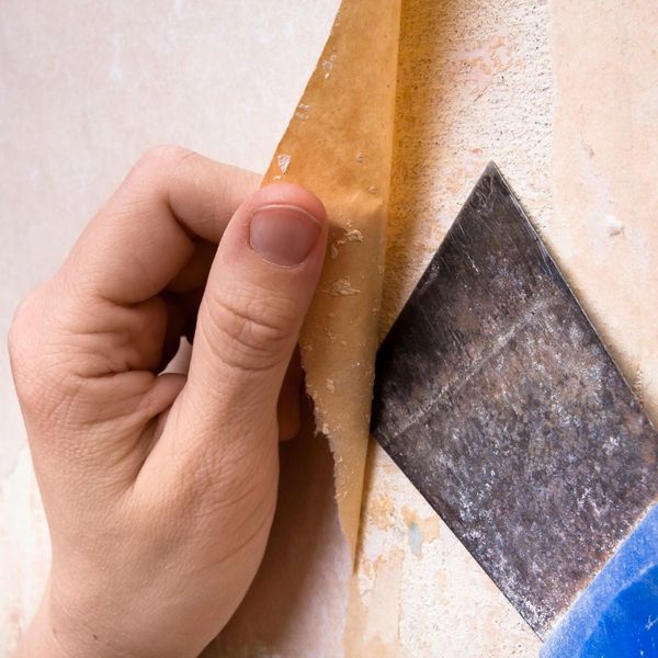 A non-abrasive tool being used with precision to scrape water-saturated wallpaper without damaging the drywall beneath.