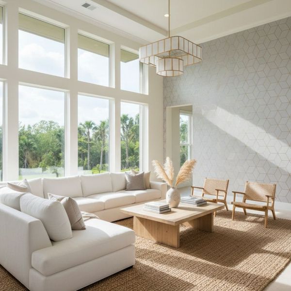 living room featuring modern geometric wallpaper on a focal wall.