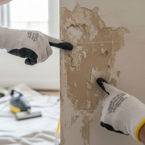 Hands showing damaged wall after wallpaper removal