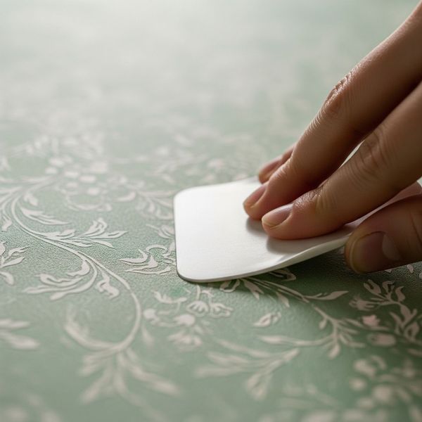 Hands smoothing an air bubble in patterned wallpaper with a repair tool Hands smoothing an air bubble in patterned wallpaper with a repair tool
