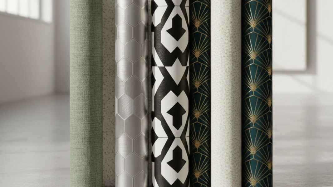 A collection of modern wallpaper rolls displaying various textures, colors, and contemporary patterns.