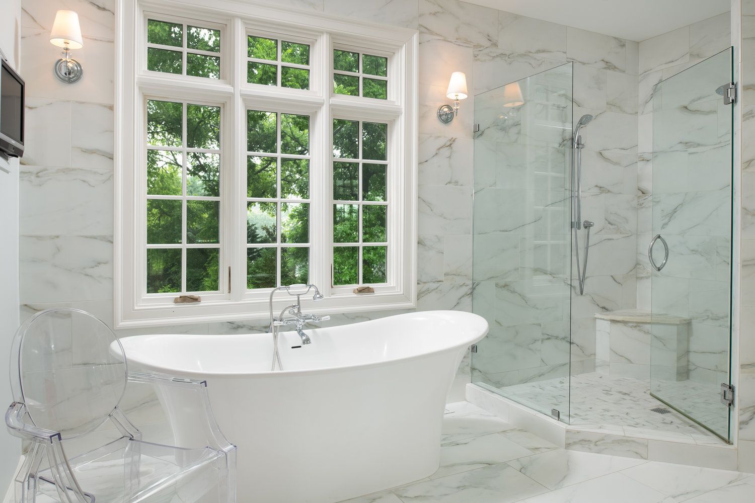 bathroom remodel marble walls white tub glass shower