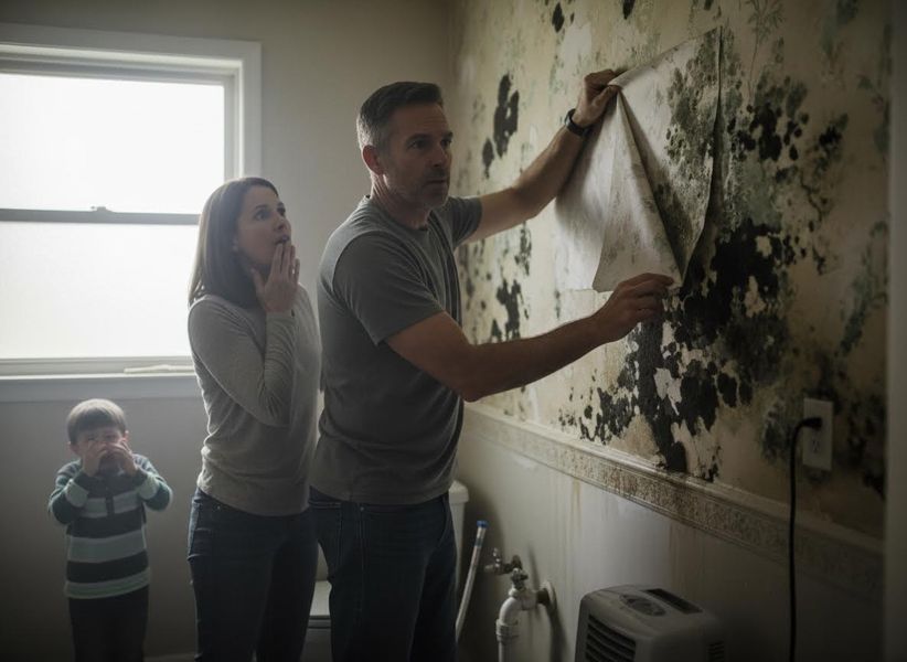 A distressed family, including a man, woman, and child, observes significant black mold on a home wall, with the man peeling back wallpaper. Family discovers severe mold growth on wall
