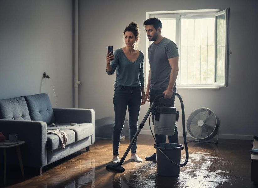 A distressed couple cleans a significant water leak in their living room. The woman uses a phone while the man prepares to vacuum the water. Flooded Living Room