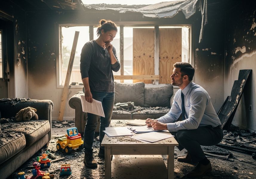 Couple assesses fire damage with insurance agent