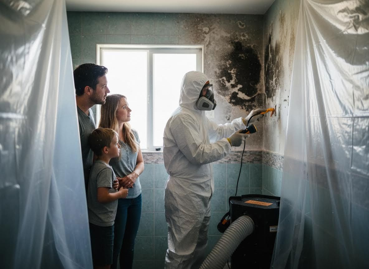 Mold remediation specialist inspecting a bathroom with a family observing