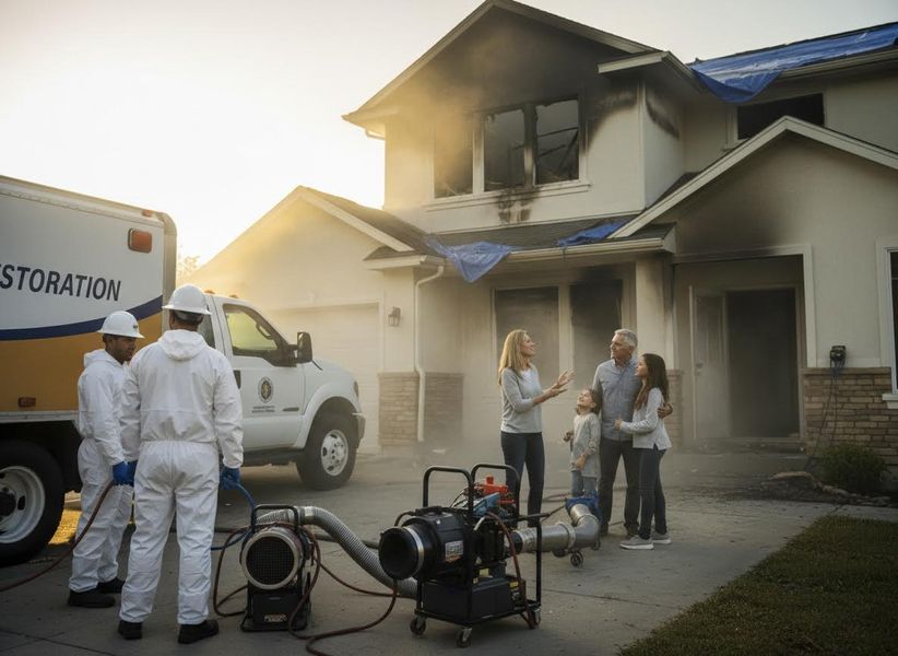 A family stands outside their fire-damaged home with restoration workers and equipment on the driveway, smoke visible. Family and restoration crew at fire-damaged home