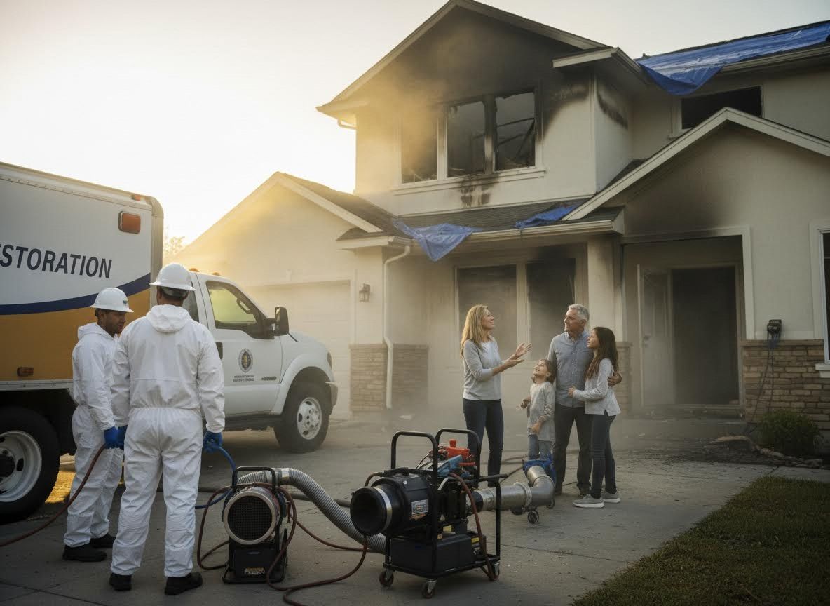 Family and restoration crew at fire-damaged home