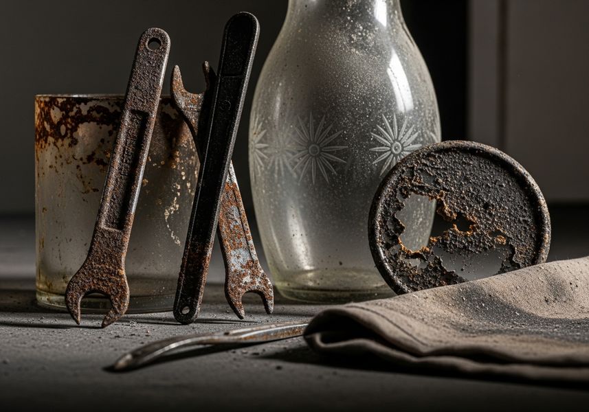 Still life with rusty tools and glass