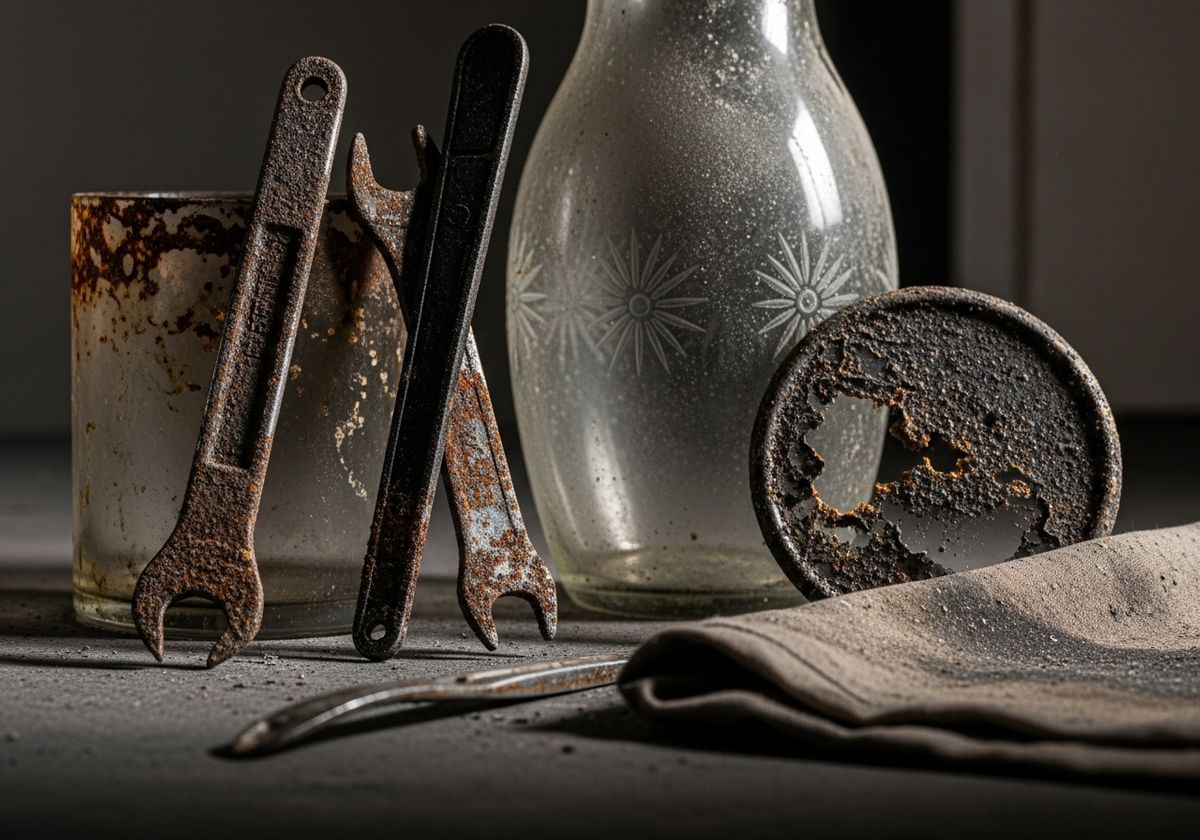 Still life with rusty tools and glass