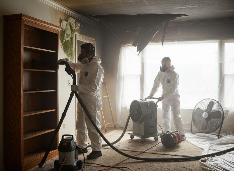 Two people in hazmat suits and respirators clean a fire and mold damaged room. One vacuums a bookshelf, the other operates an air mover. Restoration workers cleaning a fire and mold damaged room