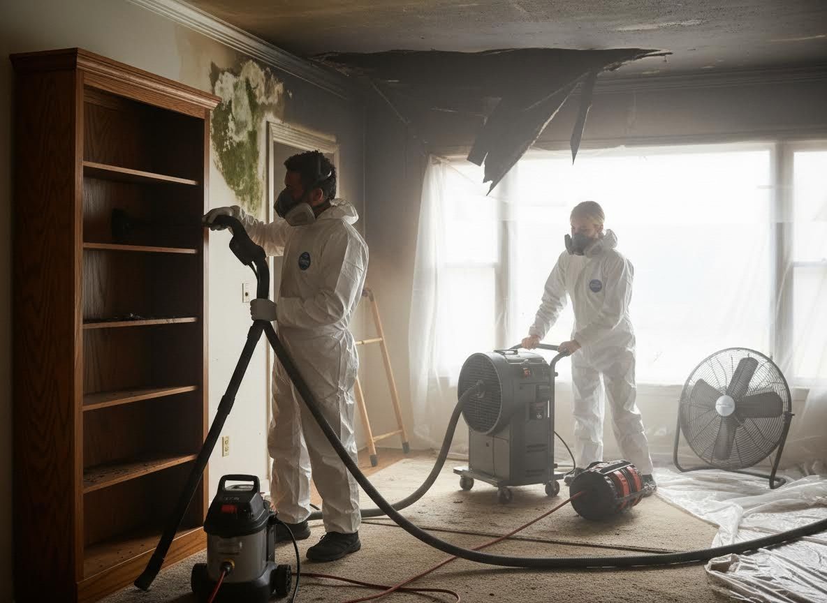 Restoration workers cleaning a fire and mold damaged room